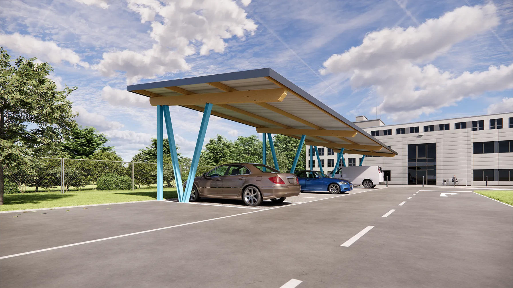 Carport aus Stahl und Holz, einreihig