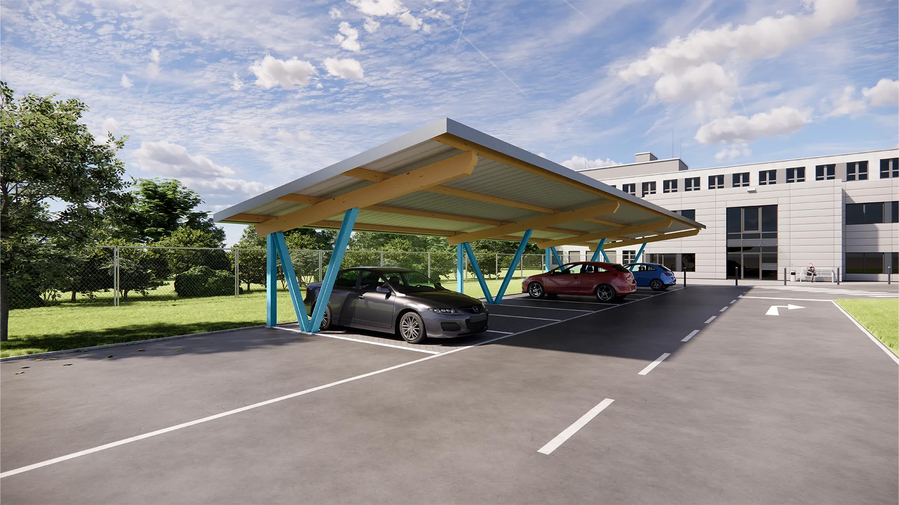 Carport System aus Stahl und Holz mit Pultdach