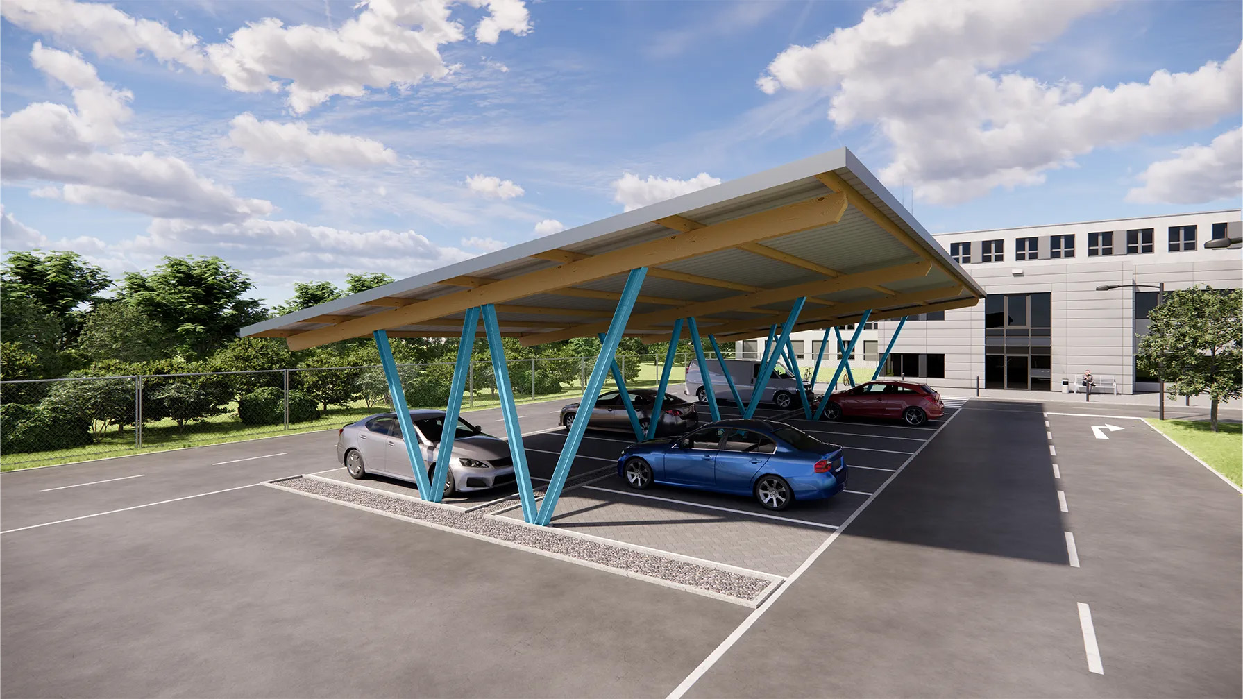 beidseitig auskragendes Stahl-BSH Carport 