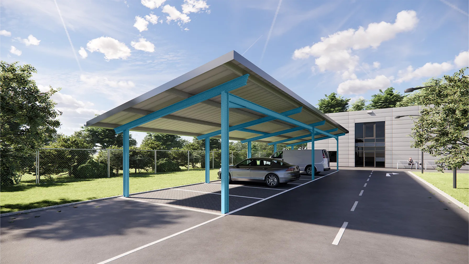 Carport System aus Stahl für einreihige Parkplätze