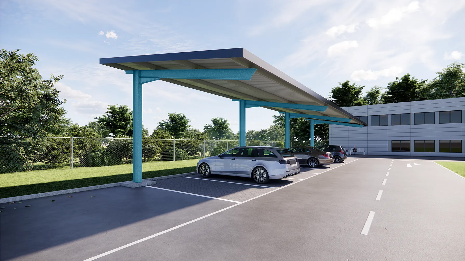 Stahl Carport mit Pultdach mit Autos darunter