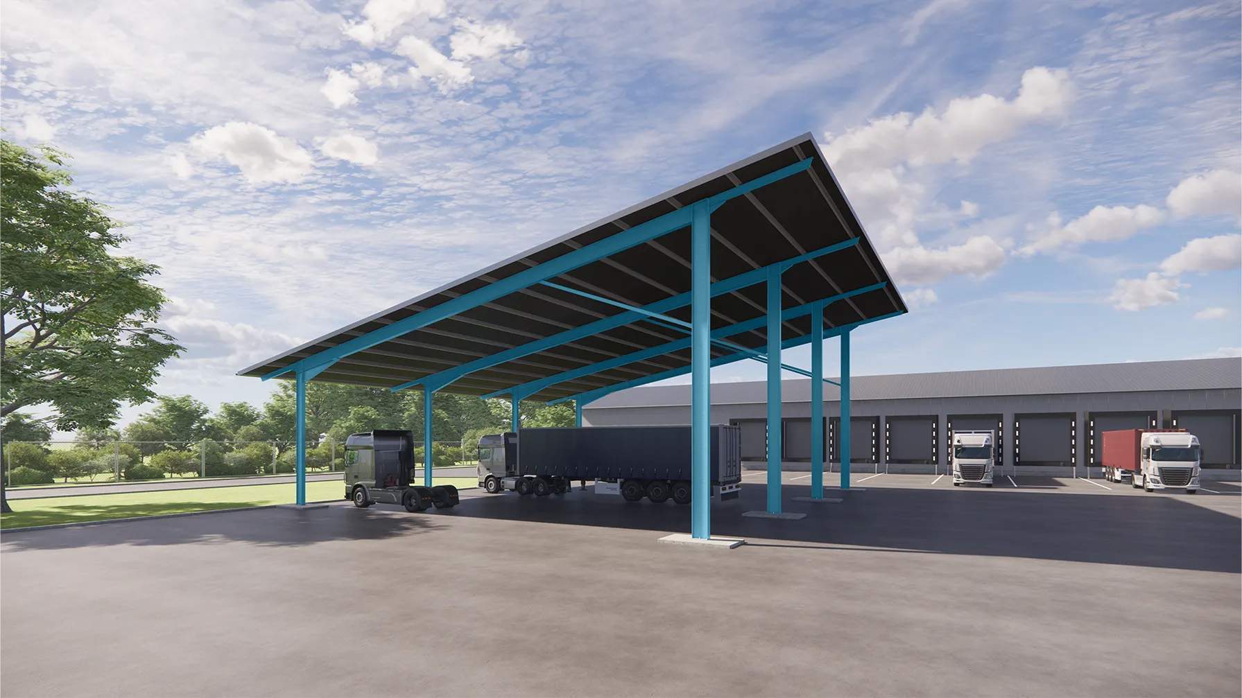 Stahl Carport mit Pultdachkonstruktion für LKWs