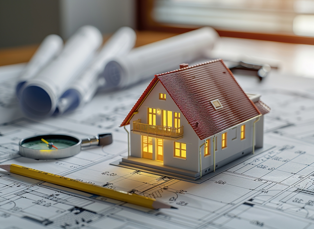 Wolf Haus mit Licht auf Bauplänen